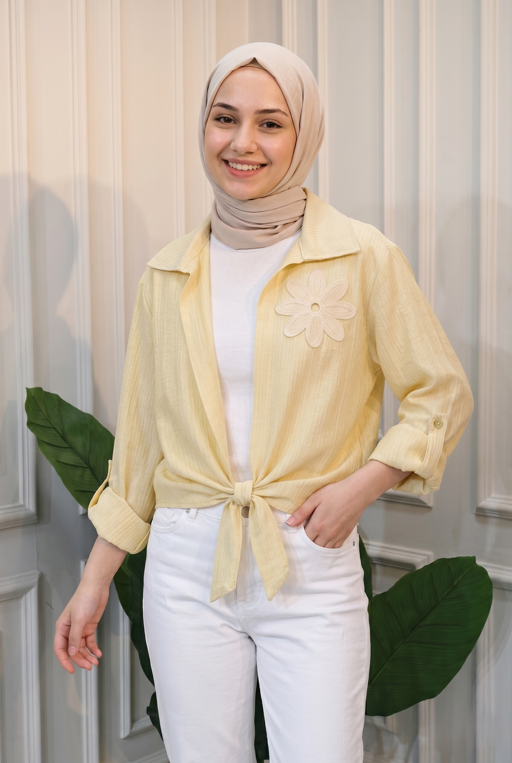 Striped Tie-Front Shirt | Floral Embellished Modest Blouse – D&F MODA
