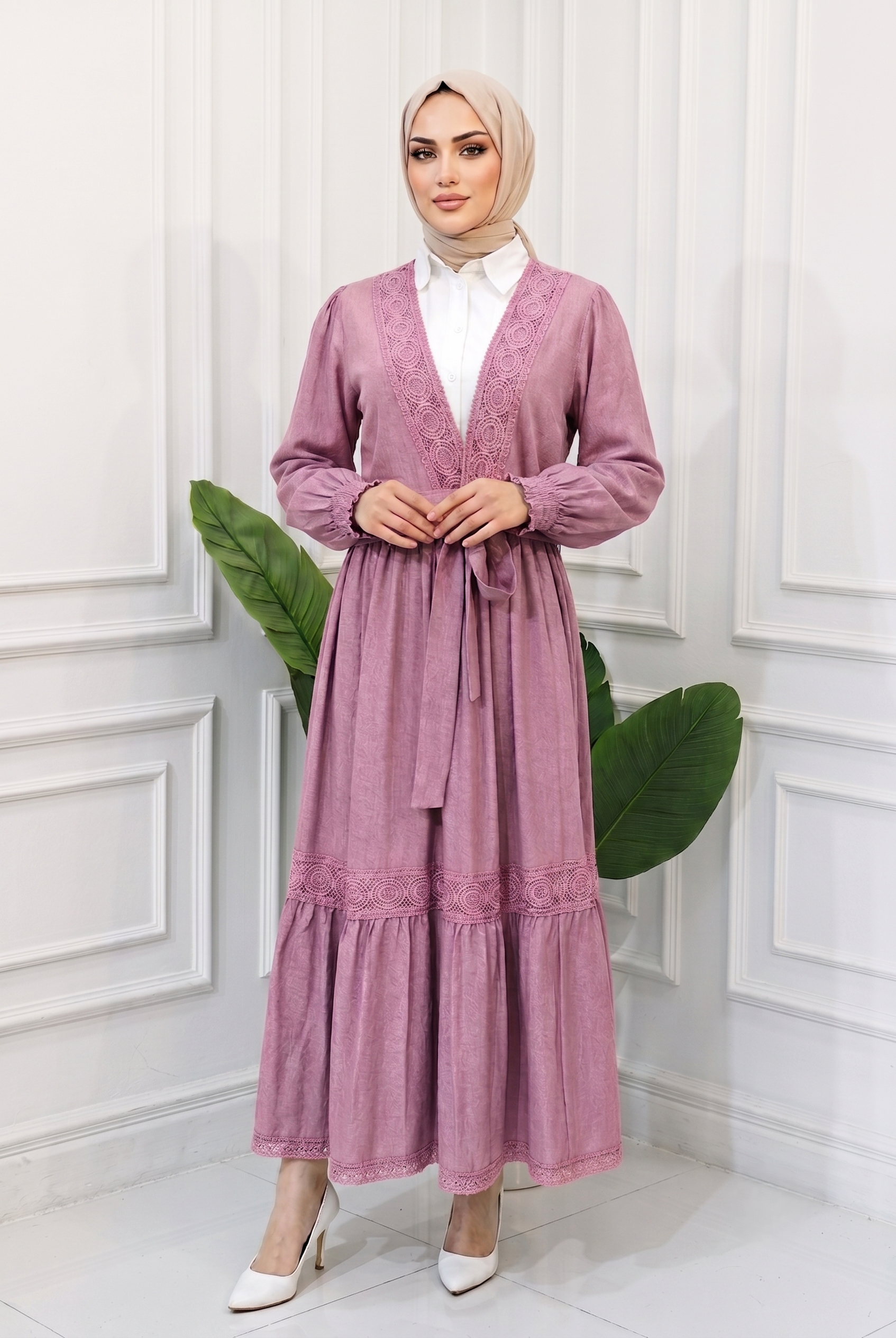 2-Piece Lace-Trim Modest Skirt Suit & Cardigan Set | D&F MODA