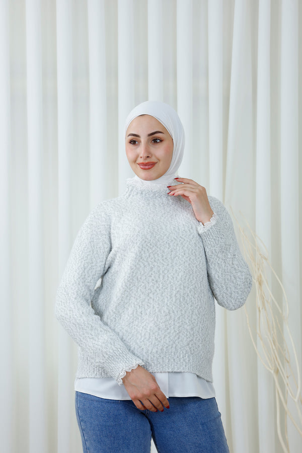 Textured High-Neck Sweater with Lace Trim
