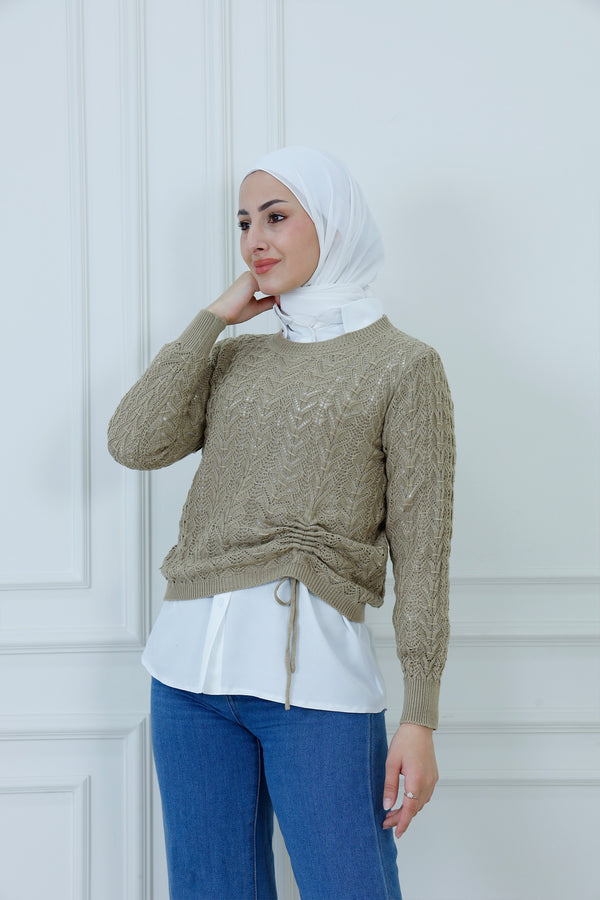 Pointelle Knit Sweater with Drawstring Hem