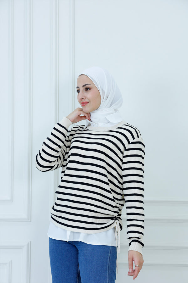 Striped Ribbed Sweater with Adjustable Side Drawstring