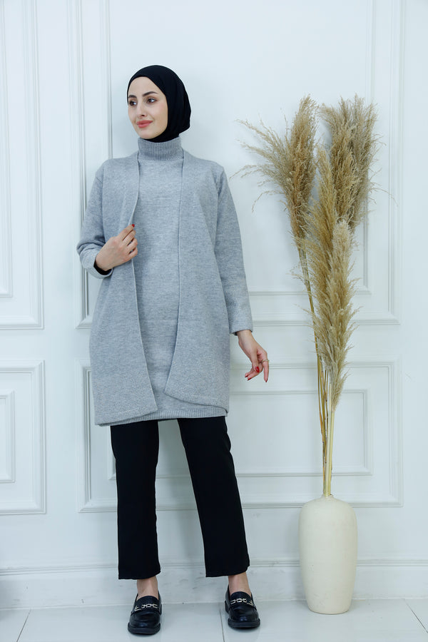 Textured Knit Cardigan & High-neck Twins Set