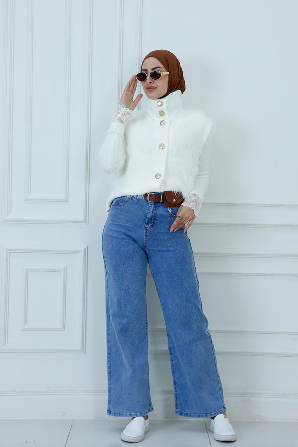 Fur Trim Knit Button-Up Vest