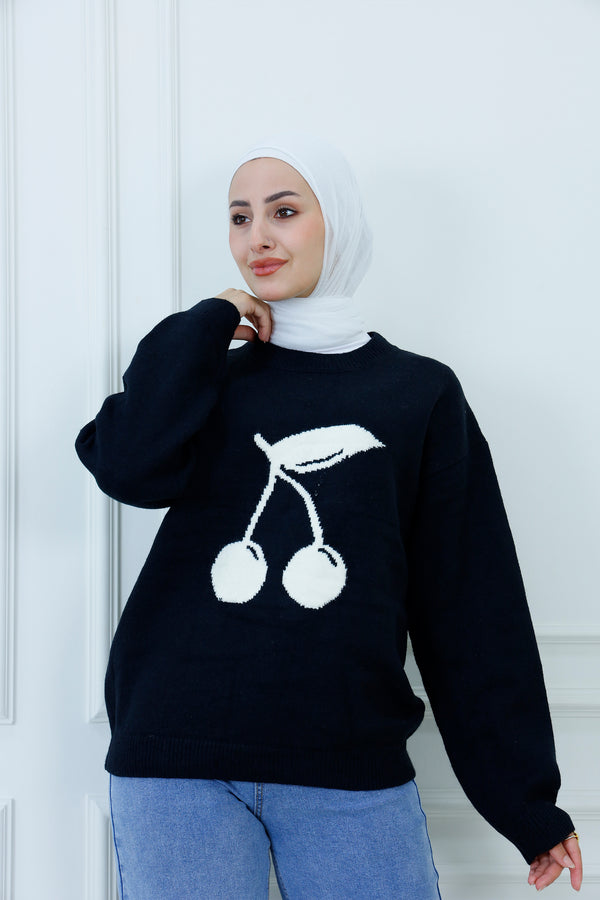 Oversized Knit Sweater with Contrast Cherry Motif