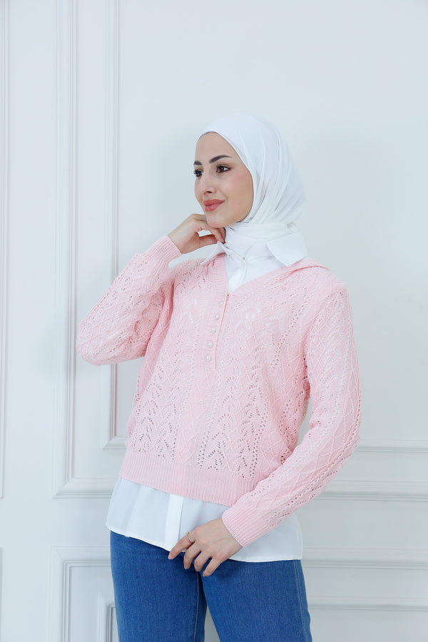 Pointelle Knit Hoodie Sweater with Pearl Buttons