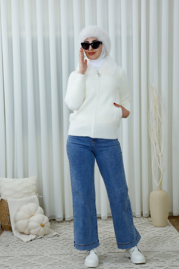 Zip-Up Sweater with Faux Fur Collar and Pearl Accents