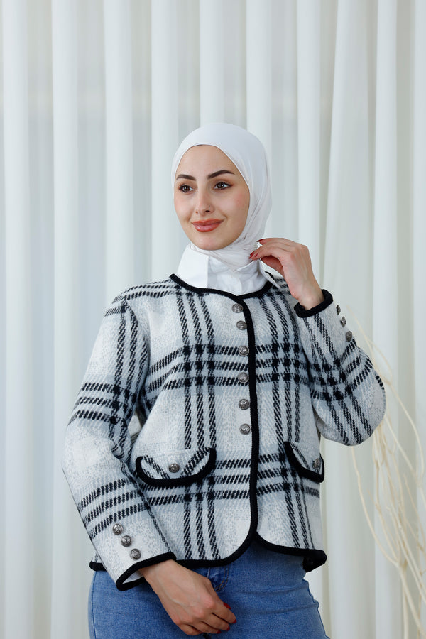 Plaid Button-Up Jacket with Trim Detail