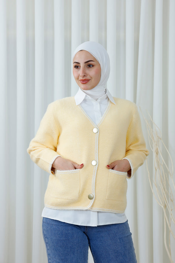 Trimmed Button-Up Cardigan with Pockets