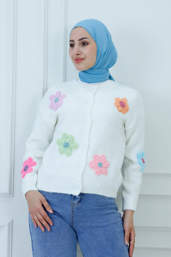 Soft Knit Cardigan with 3D Flower Appliqués