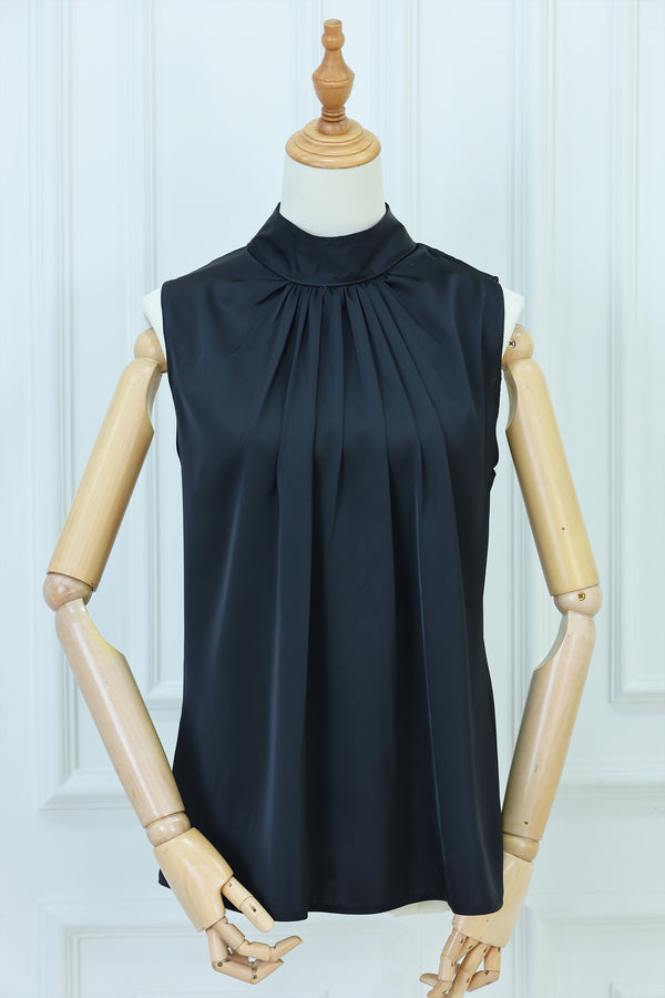 Women's Plain High-Neck Sleeveless Blouse with Back Zipper
