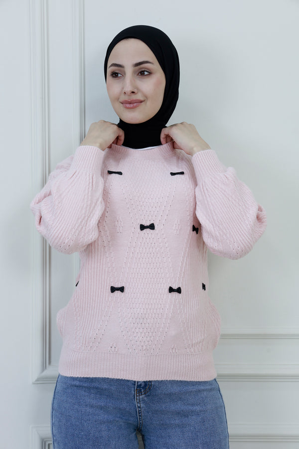 Women’s Bow Accent Knit Sweater – Textured Puff Sleeve