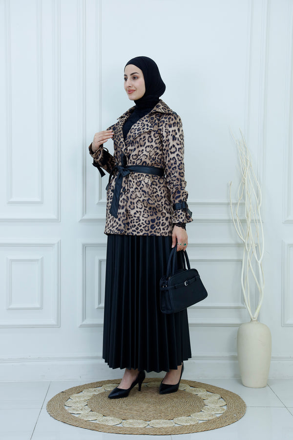 Tiger Print Blazer & Pleated Leather Skirt Suit