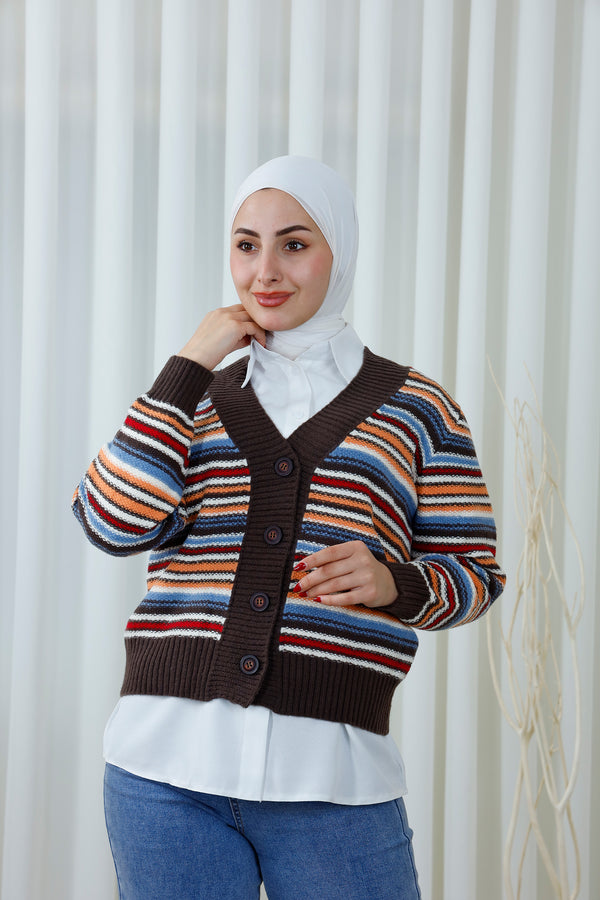Multicolored Striped Cardigan with Contrast Trim