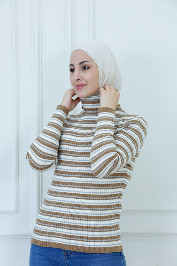 Fitted Multi-Stripe Ribbed Knit Turtleneck