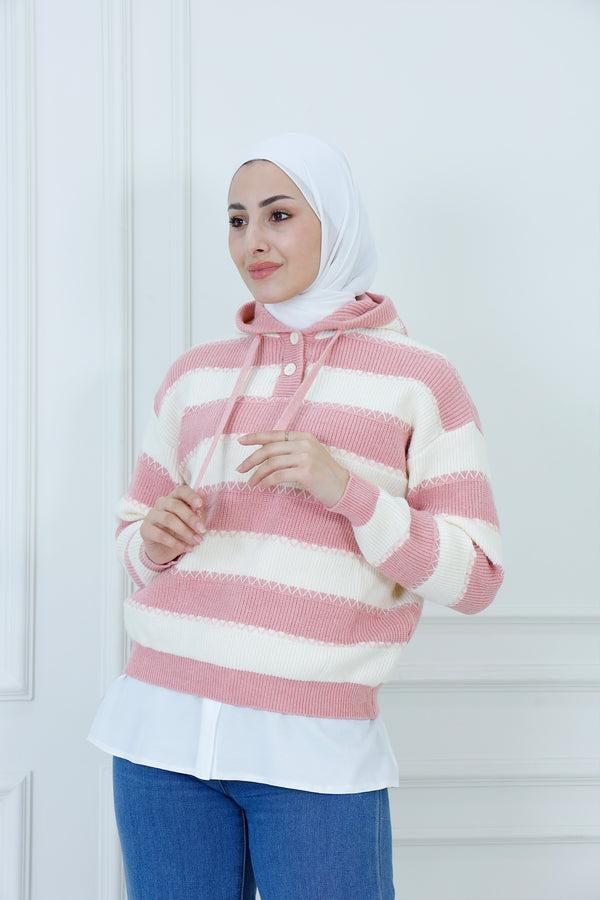 Stripe Knit Drawstring Hoodie Sweater