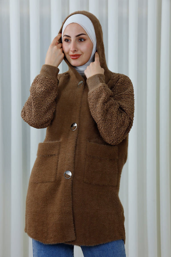 Textured Hooded Coat with Button Closure