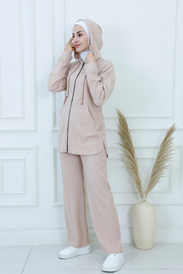 Ribbed Zip-Up Hoodie & Pants Ensemble