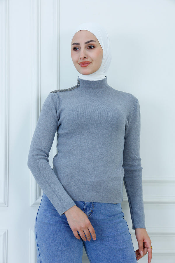 Beaded Shoulder High-Neck Sweater