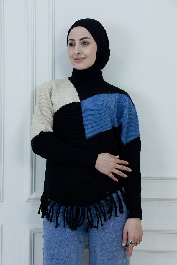 Women’s Color-Block Fringe Hem Sweater – High Neck