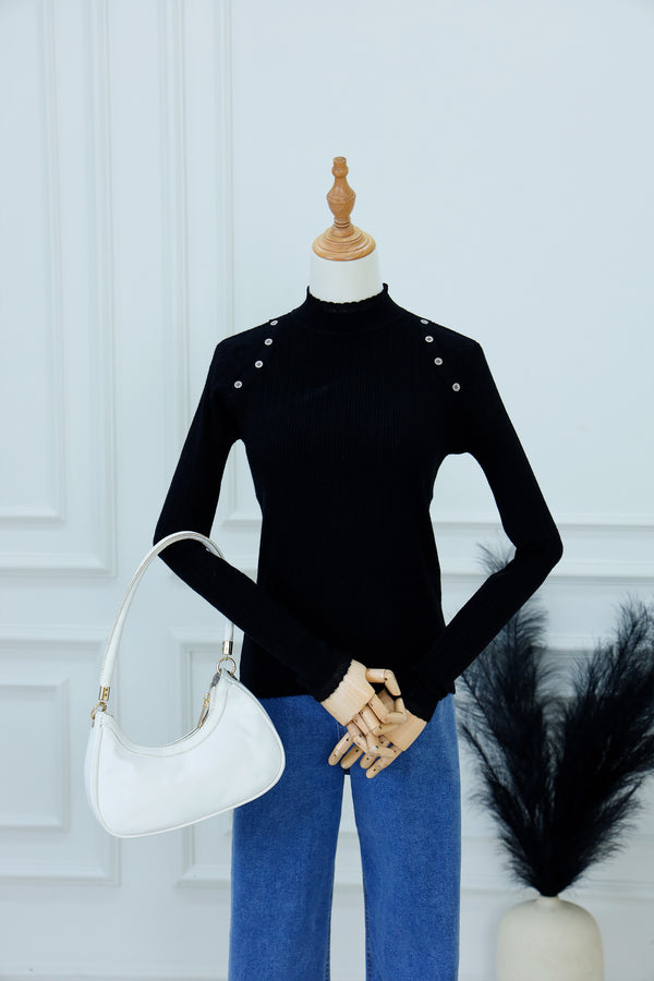 Chic Ribbed Knit Sweater with Shoulder Buttons