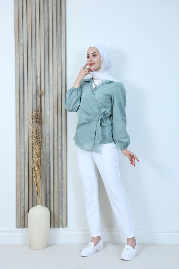 Wrap Style Long Sleeve Blouse with Waist Tie