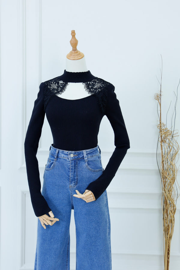 Lace-Trim Cut-Out Knit Top