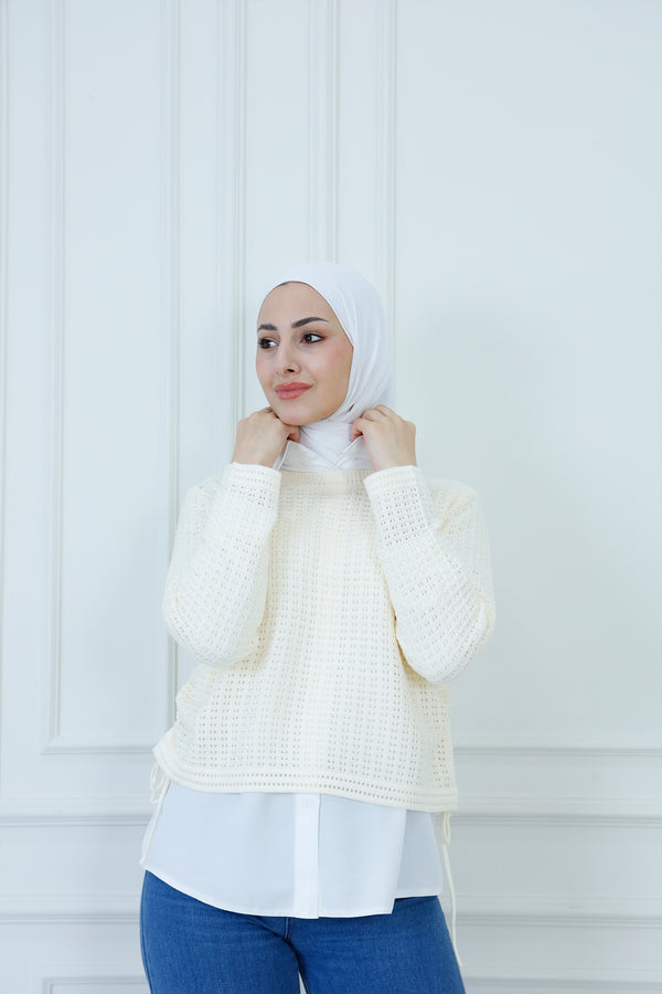 Pointelle Knit Blouse with Waist Tie