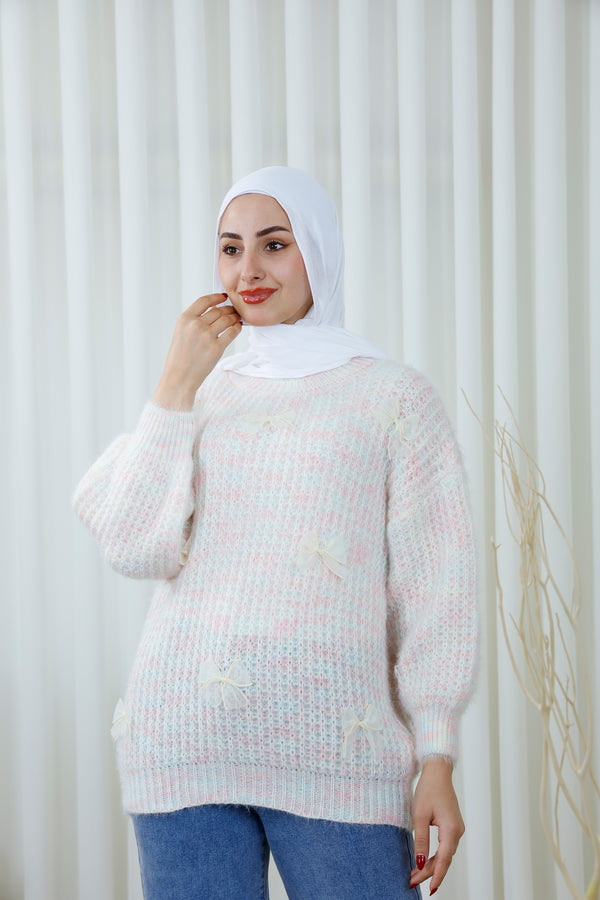 Textured Sweater with Sheer Bow Embellishments