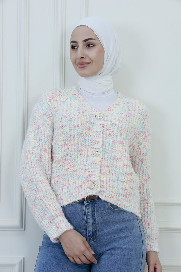 Women’s Pastel Knit Cardigan – V-Neck with Decorative Buttons