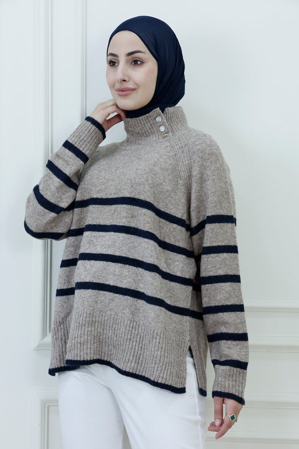 Women’s Striped Knit Sweater – Button Collar & Side Slits