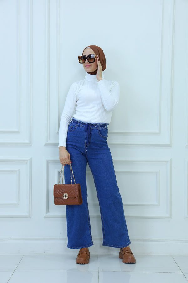 High-Waist Wide-Leg Jeans with Tie Detail