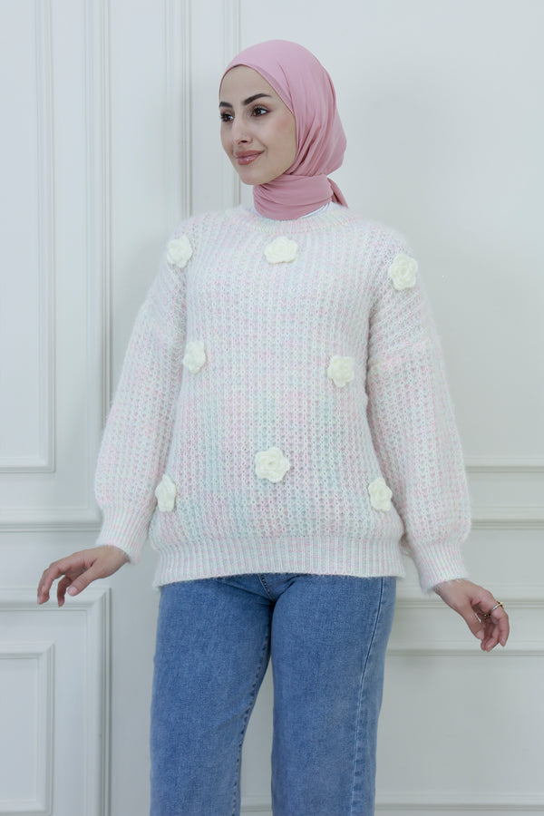 Women’s Floral Appliqué Knit Sweater – Soft Textured Design