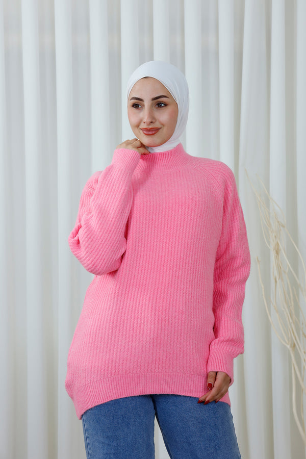 Ribbed Buttonless Sweater with High Neckline