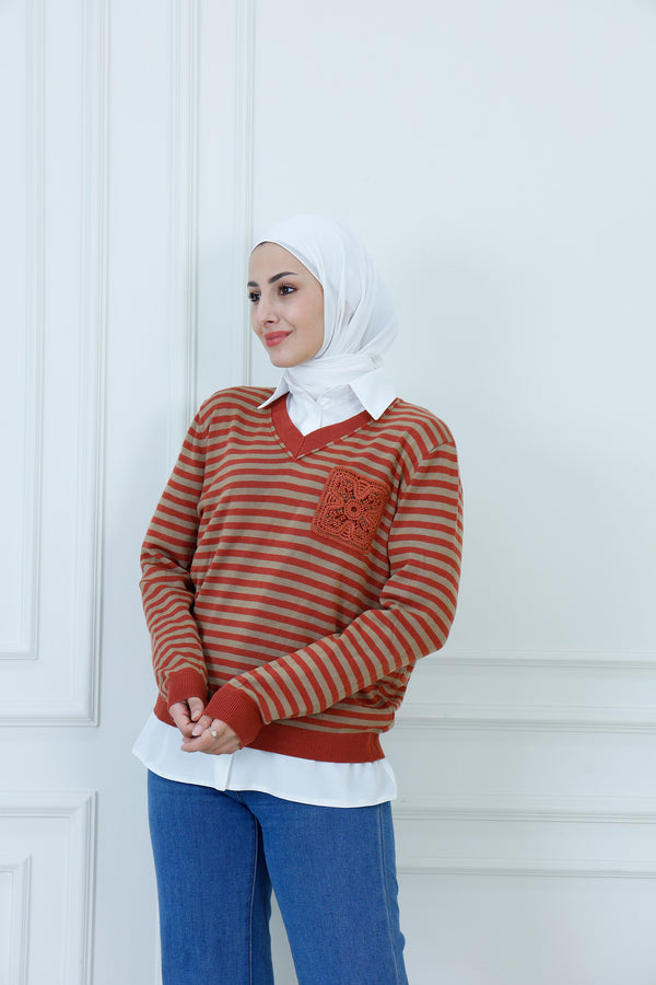Striped V-Neck Knit Sweater with Unique Crochet Detail