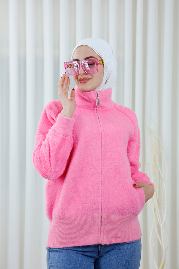 Fuzzy Zip-Up Sweater with High Collar