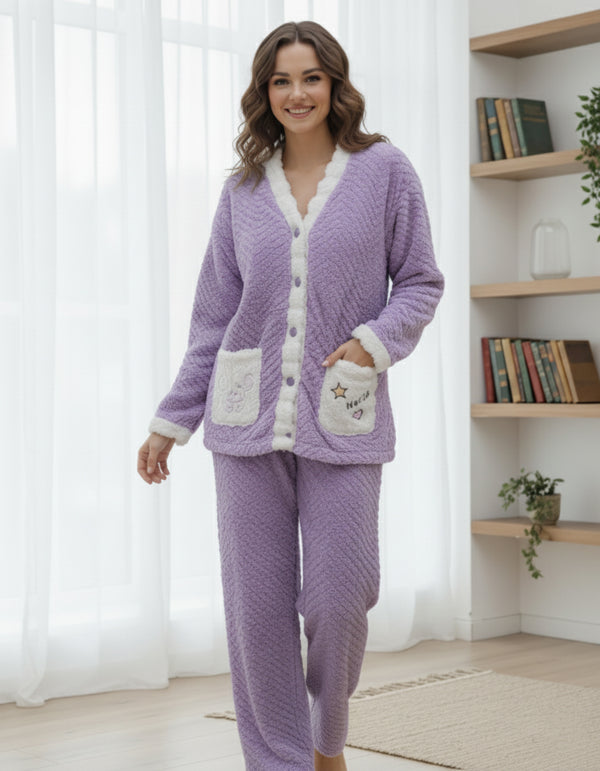 Plush Textured Home Suit with Embroidered Pockets