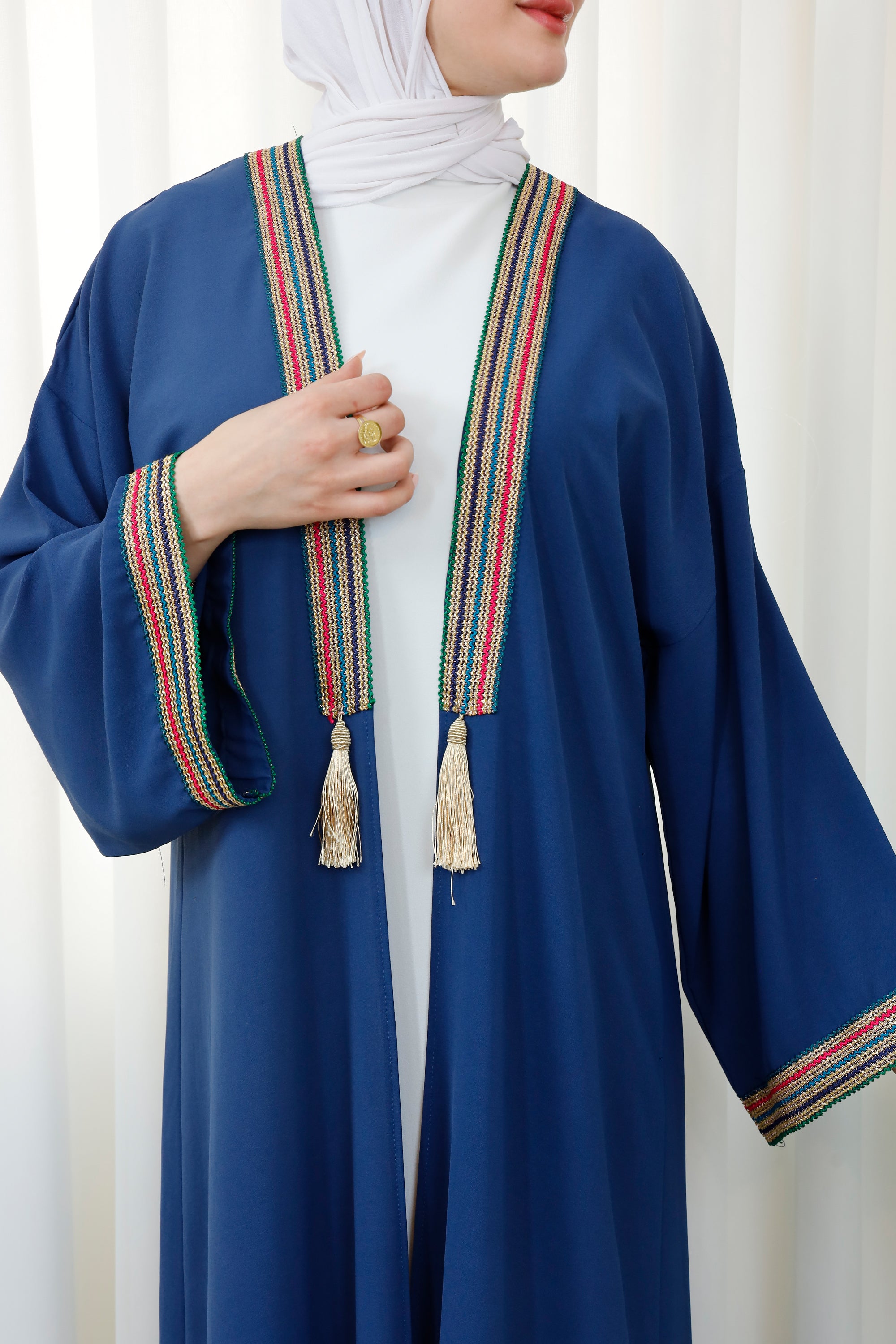 D&F MODA Artisanal Striped-Detail Tassel Bisht - Spring Luxury
