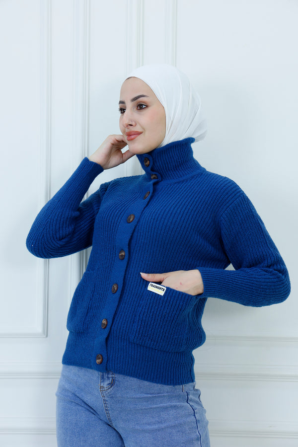 Ribbed High-Neck Knit Sweater with Pockets