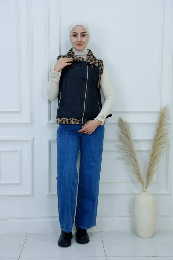 Women's Faux Leather Vest with Leopard Fur Trim