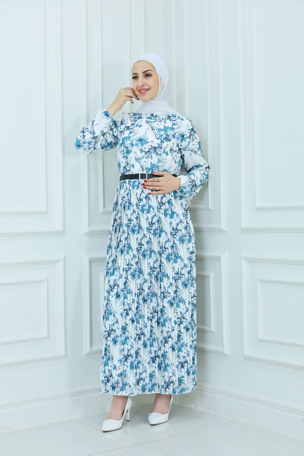 Floral Belted Pleated Chiffon Maxi Dress