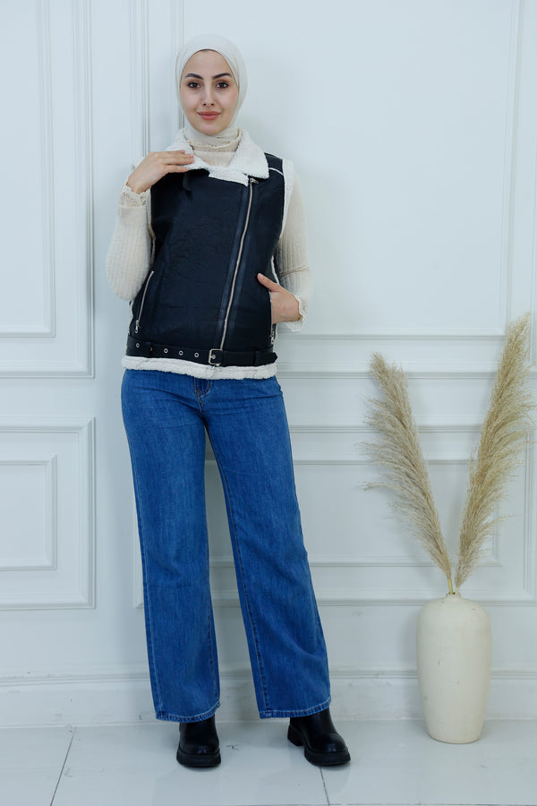 Women's Faux Leather Vest with Shearling Lining