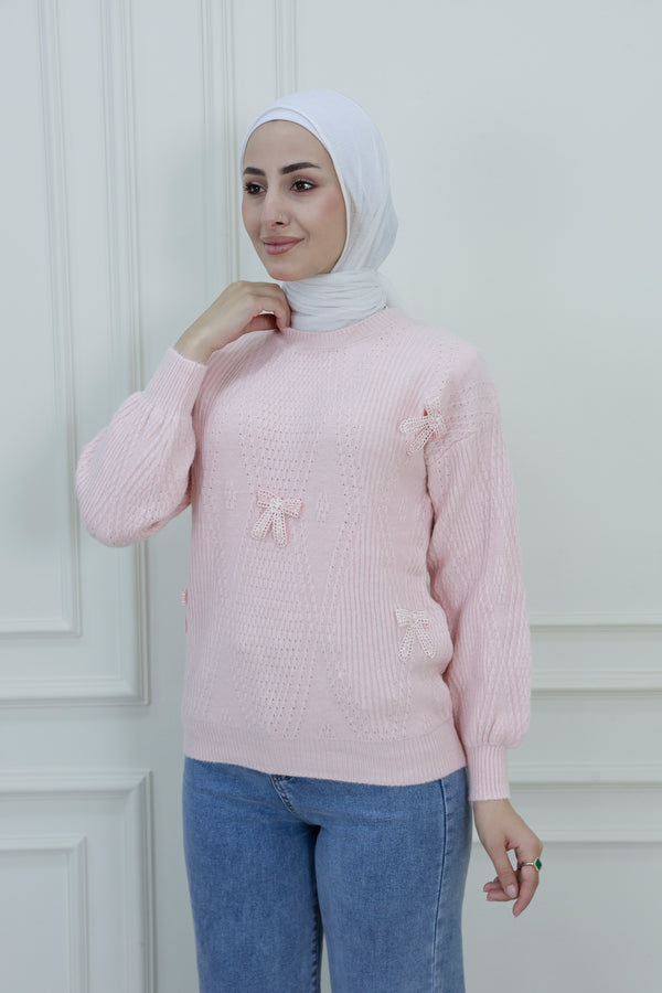 Women’s Lace Bow Knit Sweater – Textured Design