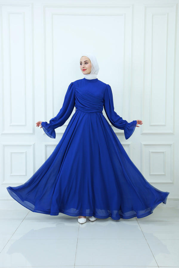 Chiffon Cloche Maxi Dress with Pleated Details