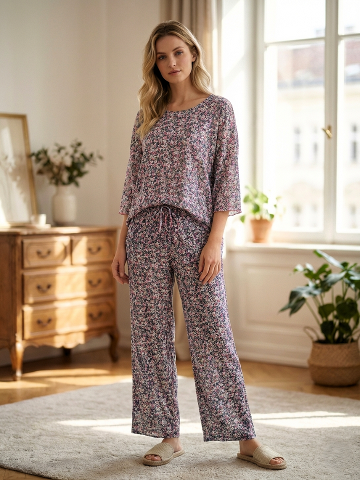 Floral Plissé Relaxed Pajama Set – 2-Piece Micro-Pleated Sleepwear – D ...