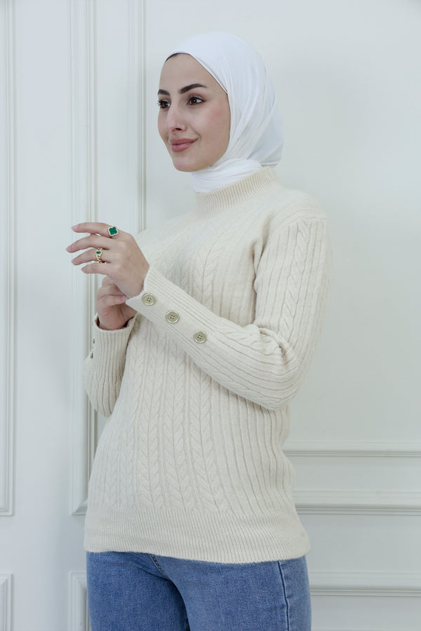 Women’s Cable-Knit Sweater – Button Sleeve Detail
