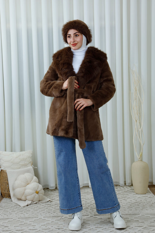 Faux Fur Coat with Belted Waist