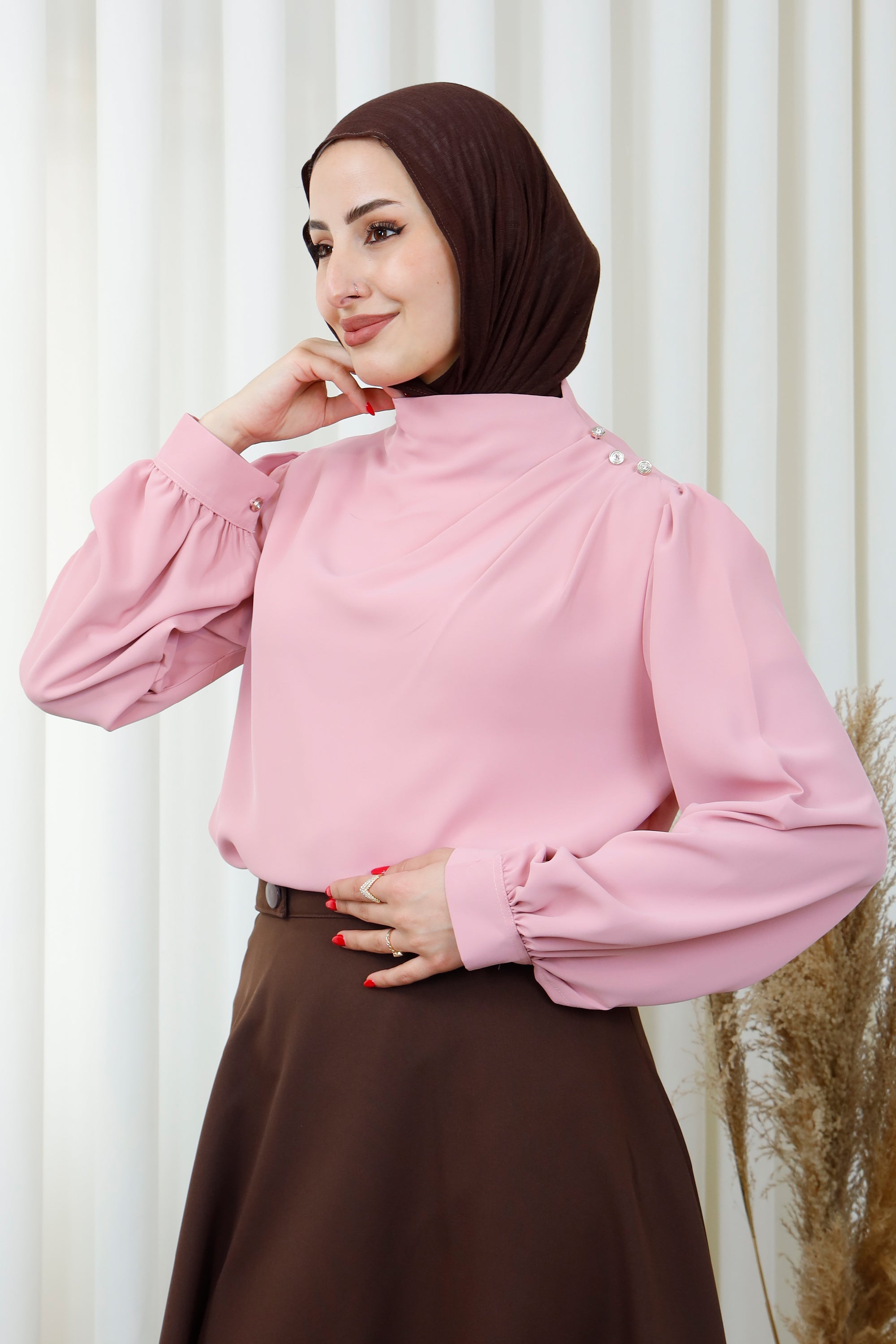 Shoulder Button High-Neck Modest Blouse | D&F Elegant Top – D&F MODA