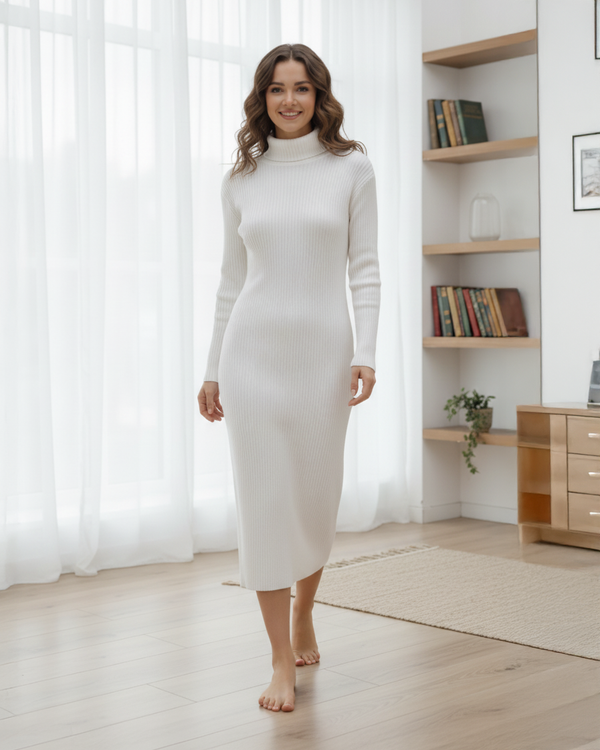 فستان ميدي برقبة عالية محبوك مخطط