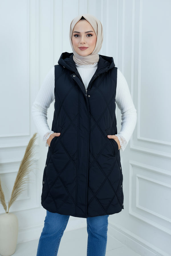 Plus-Size Long Quilted Hooded Vest